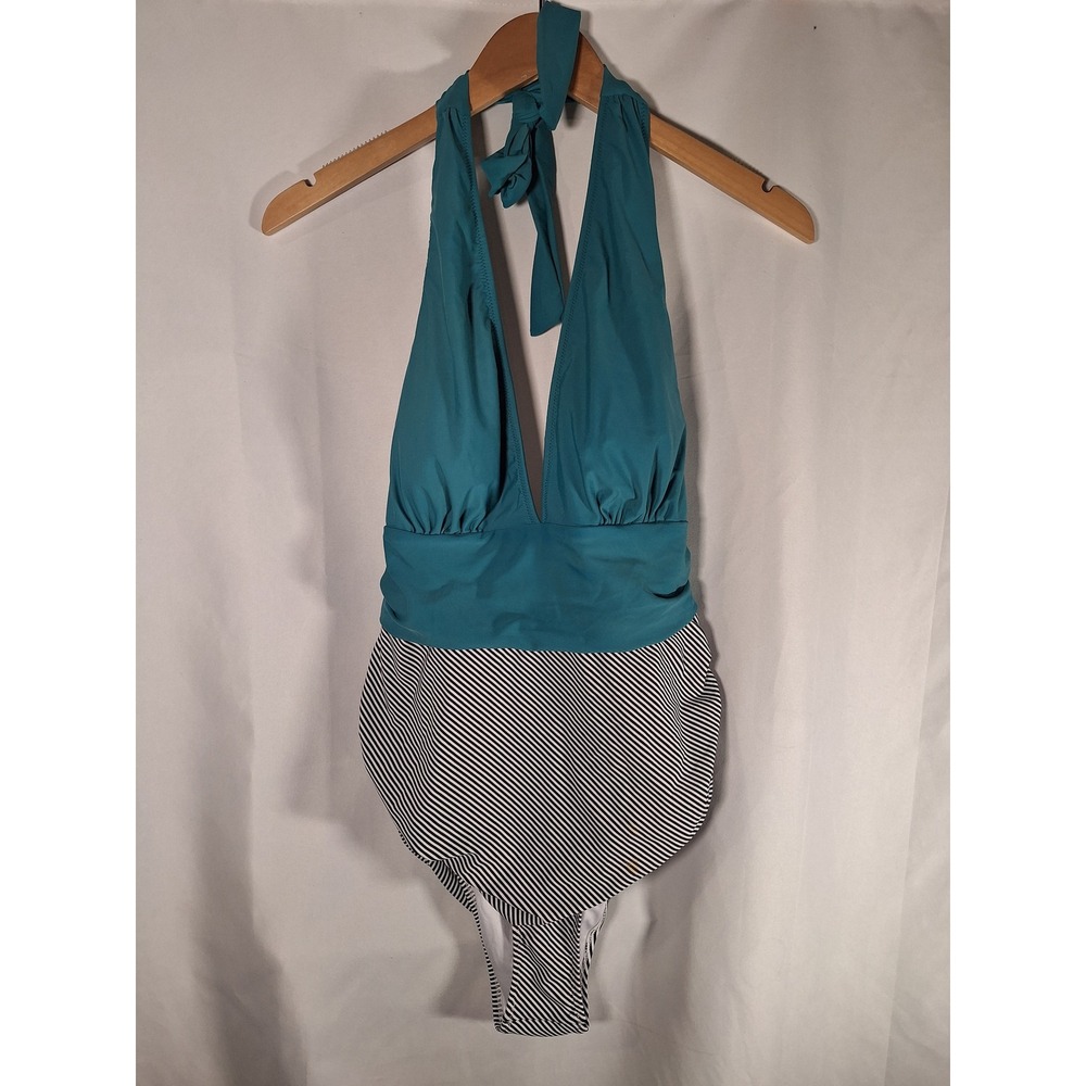 Cupshe Womens Teal and Striped Halter One Piece Swimsuit V-Neck Plus Size 0X NEW